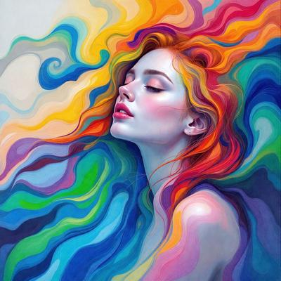 The primary subject of the image is a woman with red hair, who is lying down and looking up. She has a pink lipstick on her lips. The setting is a colorful background, which adds to the overall atmosphere of the image. The visual style is a painting, with a mix of colors and patterns that create a vibrant and lively scene.